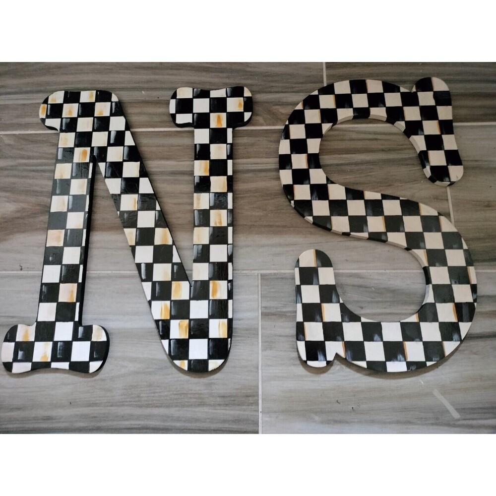 18" Wooden Wall Letters Black White Checks Your Choice of Letters Hand Painted
